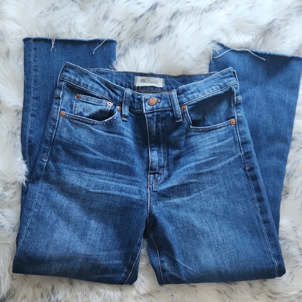 Madewell Dark Blue  High riser demi boot Jeans frayed hem,  size 28